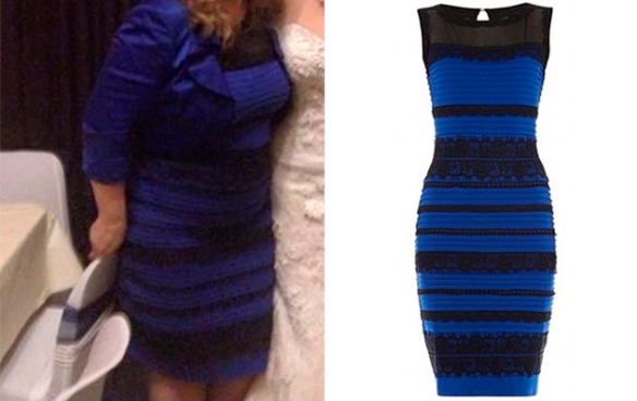 O vestido é preto e azul, da marca Roman Originals./Créditos: site Veja Abril